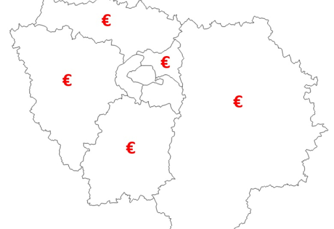 Carte de la région Ile-de-France avec le symbole de l'euros sur les départements 77, 78, 91, 93, 95