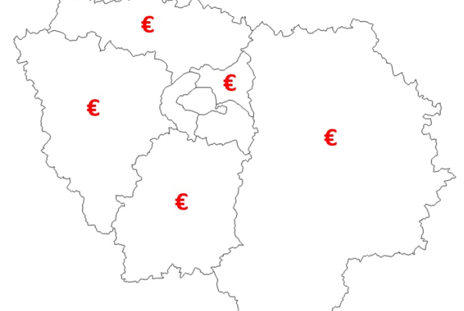 Carte de la région Ile-de-France avec le symbole de l'euros sur les départements 77, 78, 91, 93, 95