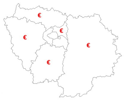 Carte de la région Ile-de-France avec le symbole de l'euros sur les départements 77, 78, 91, 93, 95
